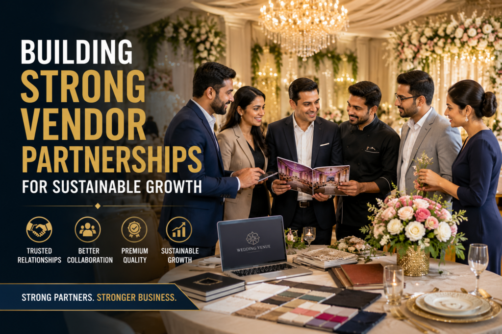 Wedding venue business owners meeting with hospitality suppliers and event vendors to build strong partnerships for sustainable business growth in India.