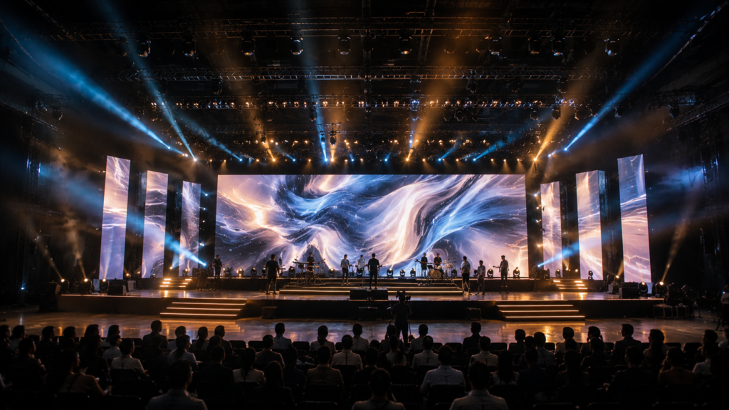 Modern event stage with large LED video wall and intelligent lighting