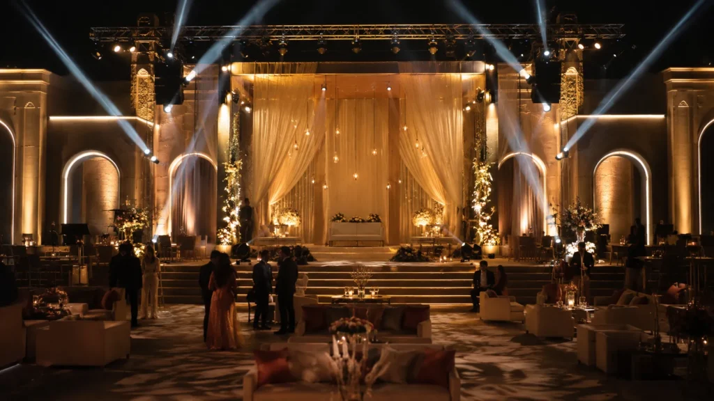 A modern event venue at night lit with layered warm and cool architectural lighting, soft haze, a designed stage structure, and softly blurred guests in the foreground