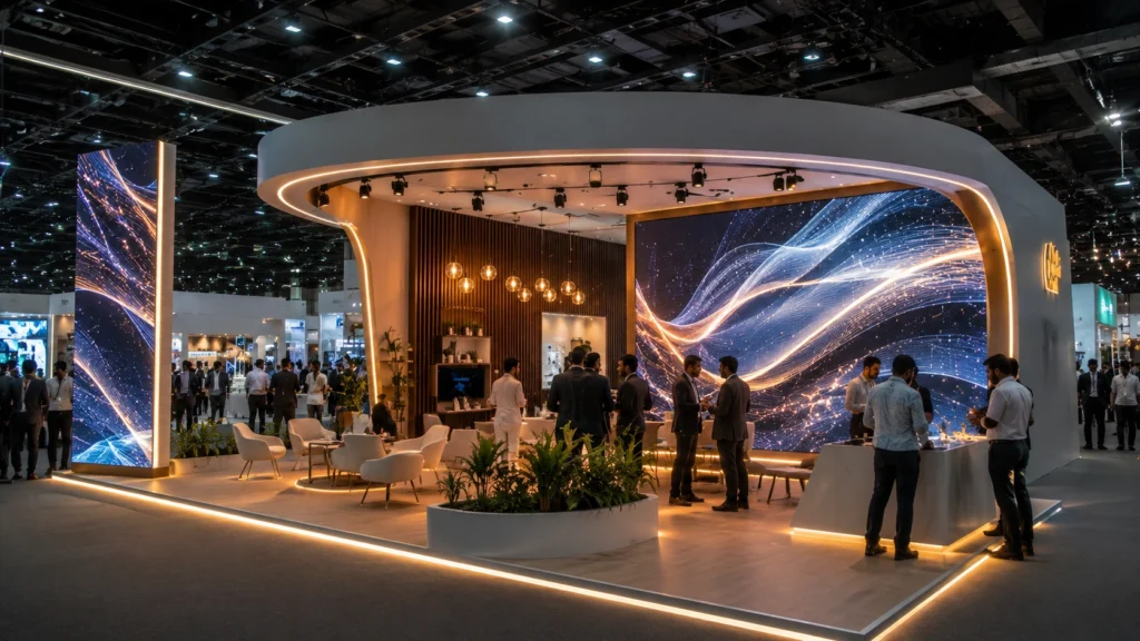 Visitors interacting at a modern exhibition booth with layered lighting, a live product demonstration and a comfortable meeting area